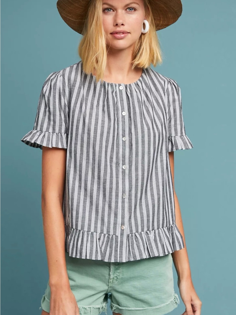 NWOT Eri + Ali Antropology Women's  striped short-sleeve button-down blouse XL